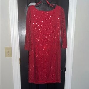 Red Sequin Embellished Knee-Length Long Sleeve Sheath Dress